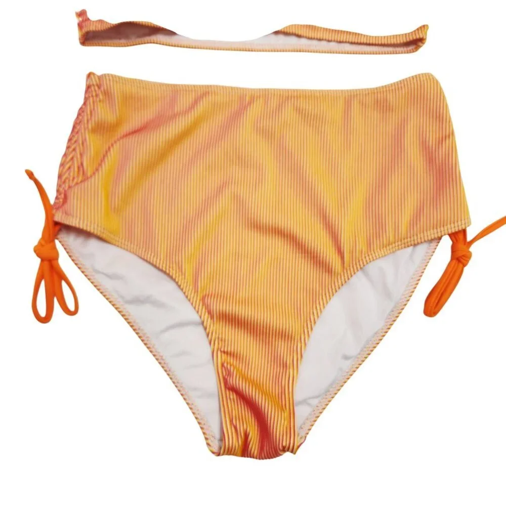 Orange & Yellow Striped High-Waisted Bikini Set Swimsuit Ruched Top Size L